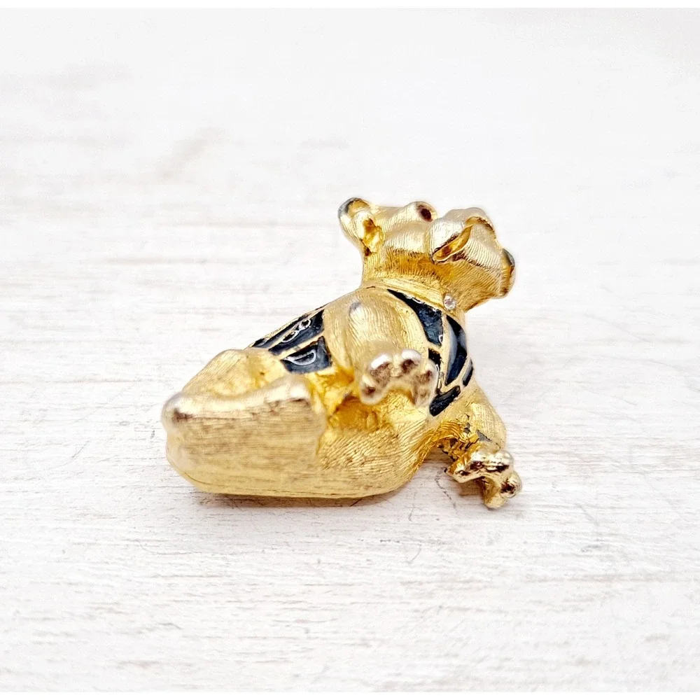 Vintage Goldtone English Bulldog Brooch – Blue Enamel Sweater, Rhinestone Eyes